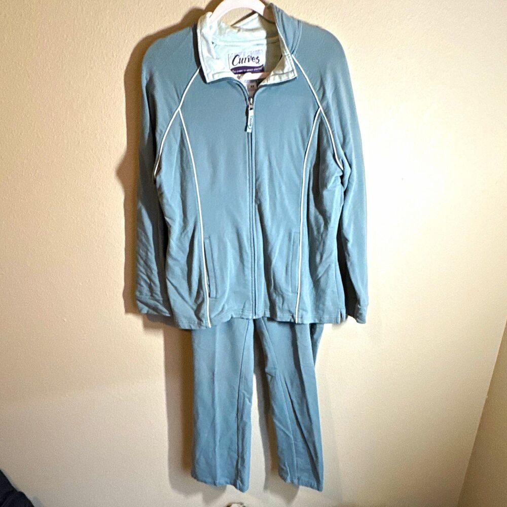 Curves Women's 2-Piece Blue Zip Tracksuit Set w/ Pockets, Mock Neck, L